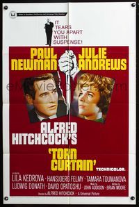 7d929 TORN CURTAIN 1sh '66 Paul Newman, Julie Andrews, Alfred Hitchcock!