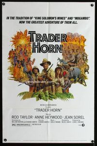 7d932 TRADER HORN 1sh '73 Larry Salk artwork of Rod Taylor & Anne Heywood in the jungle!