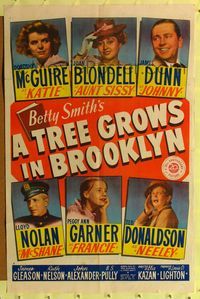 7d935 TREE GROWS IN BROOKLYN 1sh '45 Dorothy McGuire & Peggy Ann Garner love alcholic James Dunn!