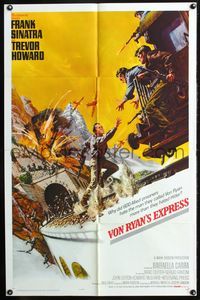 7d959 VON RYAN'S EXPRESS yellow 1sh '65 cool art of Frank Sinatra chasing train while being shot at