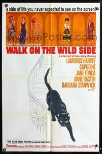 7d960 WALK ON THE WILD SIDE 1sh '62 cool artwork of black cat on stairs & sexy stars on balcony!