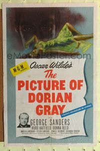 7e715 PICTURE OF DORIAN GRAY 1sh '45 George Sanders, Hurd Hatfield, Donna Reed, creepy art!