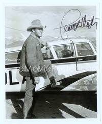 7f027 CHARLTON HESTON signed repro 8x10 '70s great portrait with foot on wing of plane!
