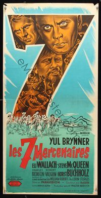 7g272 MAGNIFICENT SEVEN French 16x32 '60 Yul Brynner, Steve McQueen, different art by Grinsson!