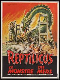 7g247 REPTILICUS French 22x30 '70s indestructible 50 million year-old giant lizard destroys bridge!