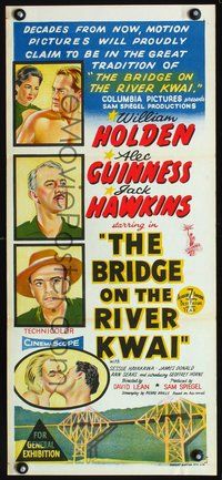 7h151 BRIDGE ON THE RIVER KWAI Aust daybill '58 William Holden, David Lean classic, stone litho!
