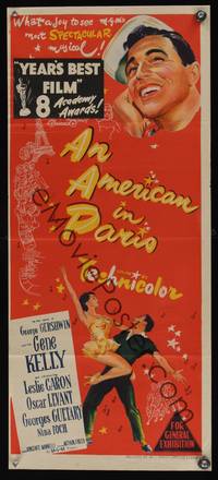 7h149 AMERICAN IN PARIS Aust daybill '51 wonderful art of Gene Kelly dancing with sexy Leslie Caron!