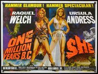 7h088 ONE MILLION YEARS B.C./SHE British quad '60s art of Raquel Welch & Andress by Chantrell!