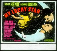 7j038 MY LUCKY STAR glass slide '38 Sonja Henie skating on the moon & c/u with Richard Greene!