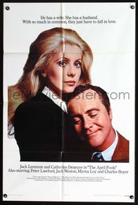 7k044 APRIL FOOLS int'l 1sh '69 romantic close up of Jack Lemmon & Catherine Deneuve!