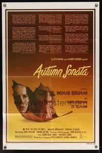 7k048 AUTUMN SONATA 1sh '78 Ingmar Bergman directs & Ingrid Bergman stars!