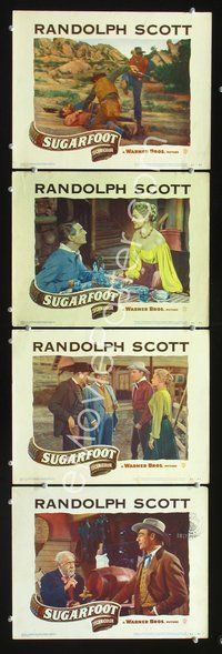 7m751 SUGARFOOT 4 LCs '51 cowboy Randolph Scott in western action & w/pretty Adele Jergens!