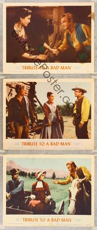 7m816 TRIBUTE TO A BAD MAN 3 LCs '56 great images of cowboy James Cagney, pretty Irene Papas!