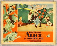 7r124 ALICE IN WONDERLAND LC #2 '51 Disney, great cartoon image of Alice watching playing cards!