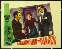 7r146 BACKGROUND TO DANGER LC '43 Peter Lorre holds gun on George Raft as Brenda Marshall watches!