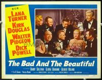 7r147 BAD & THE BEAUTIFUL LC #3 '53 Lana Turner at dinner party surrounded by men in tuxes!