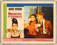 7r187 BREAKFAST AT TIFFANY'S LC #7 '61 Audrey Hepburn & George Peppard drinking coffee & smoking!