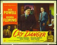 7r237 CRY DANGER LC #4 '51 close up of Dick Powell holding gun to William Conrad's back!