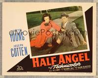 7r356 HALF ANGEL LC #6 '51 close up of Loretta Young helping Joseph Cotten after fall!