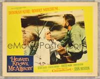 7r367 HEAVEN KNOWS MR. ALLISON LC #8 '57 c/u of scruffy Robert Mitchum helping nun Deborah Kerr!