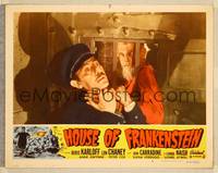 7r384 HOUSE OF FRANKENSTEIN LC #5 R50 crazed Boris Karloff choking guard through bars in door!
