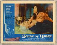7r385 HOUSE OF USHER LC #7 '60 close up of Myrna Fahey choking the life out of Vincent Price!