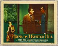 7r386 HOUSE ON HAUNTED HILL LC #6 '59 man standing in doorway facing Vincent Price holding gun!
