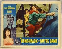 7r394 HUNCHBACK OF NOTRE DAME LC #5 '57 c/u of Gina Lollobrigida watching Anthony Quinn on bells!