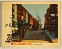 7r420 JAMES DEAN STORY LC #3 '57 walking down Manhattan street smoking in cool overcoat!