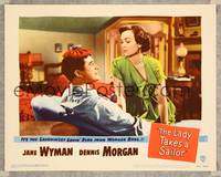 7r447 LADY TAKES A SAILOR LC #7 '49 great close up of Jane Wyman with beat up Dennis Morgan!