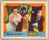 7r465 LIMELIGHT LC #2 '52 close up of sad Charlie Chaplin & pretty Claire Bloom in dressing room!
