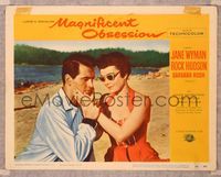 7r491 MAGNIFICENT OBSESSION LC #2 '54 close up of Rock Hudson on beach with blind Jane Wyman!