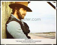 7r507 MAN WHO LOVED CAT DANCING LC #4 '73 close up of bearded Burt Reynolds by railroad tracks!