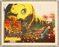 7r539 MOTHRA LC '62 wonderful special effects scene with crowd of people around giant larvae!