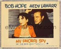 7r551 MY FAVORITE SPY LC #8 '51 close up of Bob Hope & sexy Hedy Lamarr hiding in barrel!