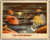 7r554 MYSTERIANS LC #8 '59 cool artwork of alien spaceships destroying satellite!