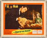 7r566 NIGHT OF THE HUNTER LC #4 '55 close up of Robert Mitchum threatening Billy Chapin w/knife!
