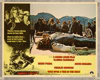 7r598 ONCE UPON A TIME IN THE WEST LC #4 '68 Sergio Leone, Cardinale looks at bodies on table!