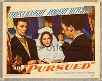7r637 PURSUED LC #7 '47 close up of Robert Mitchum & Teresa Wright on their wedding day!