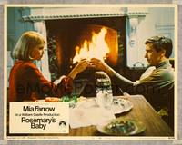 7r670 ROSEMARY'S BABY LC #3 '68 Roman Polanski, Mia Farrow & John Cassavetes toasting by fire!