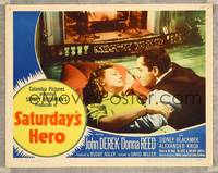 7r679 SATURDAY'S HERO LC #3 '51 close up of John Derek & Donna Reed on floor by fireplace!