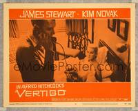 7r820 VERTIGO LC #5 '58 Alfred Hitchcock, standing James Stewart on phone,blonde Kim Novak in bed!