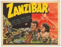 7r099 ZANZIBAR TC '40 pretty Lola Lane & James Craig in front of erupting volcano + animal art!