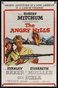 7s040 ANGRY HILLS 1sh '59 Robert Aldrich, cool artwork of Robert Mitchum with big machine gun!