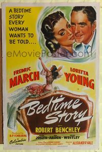 7s071 BEDTIME STORY 1sh '41 great artwork of Fredric March & sexy Loretta Young!