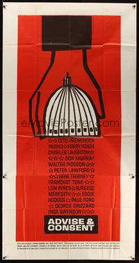 7v420 ADVISE & CONSENT 3sh '62 Otto Preminger, classic Saul Bass Washington Capitol artwork!