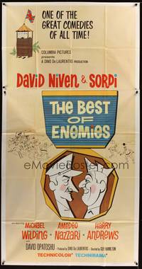 7v448 BEST OF ENEMIES 3sh '62 David Niven, Alberto Sordi, Guy Hamilton, cool cartoon art!