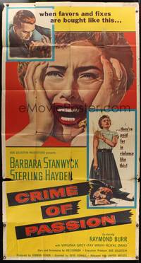 7v526 CRIME OF PASSION 3sh '57 different image of horrified Barbara Stanwyck & Sterling Hayden!