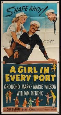 7v617 GIRL IN EVERY PORT 3sh '52 artwork of wacky sailor Groucho Marx & sexy Marie Wilson!