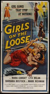 7v620 GIRLS ON THE LOOSE 3sh '58 classic catfight art of girls in gangs who stop at nothing!